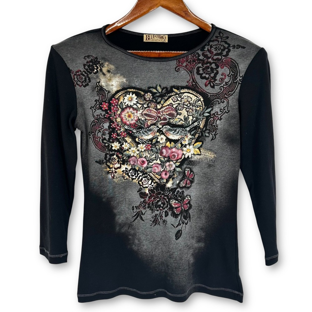 VTG Y2K Tattoo Art Shirt S Black Heart Birds Butterfly Studded Double Sided‎ USA